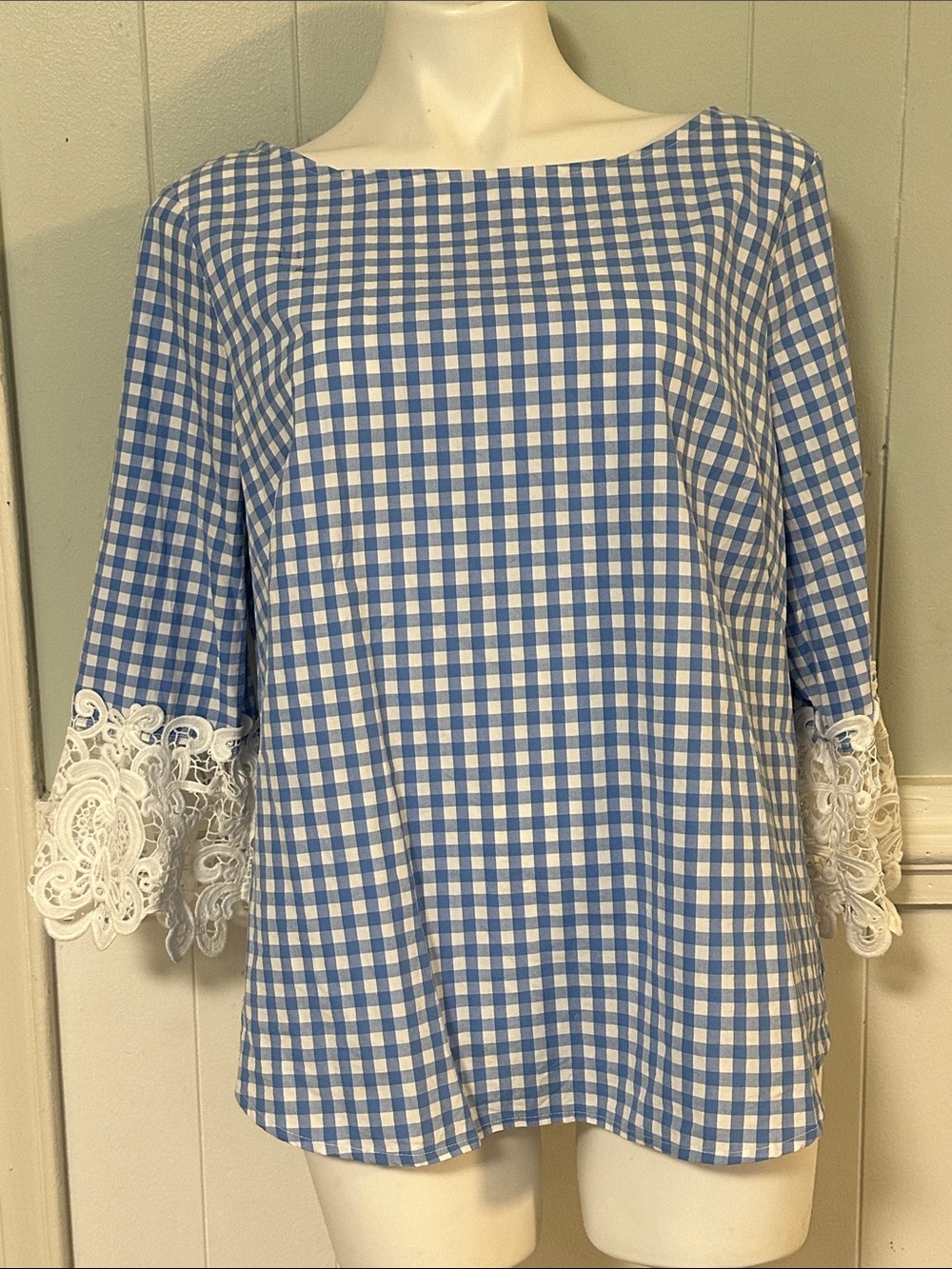 Liz Claiborne Blue and White Gingham Top with Lace Sleeve Trim